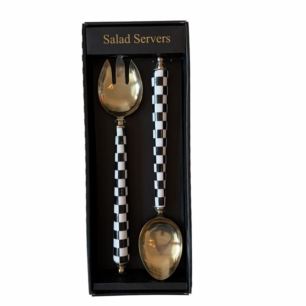Set of 2 Checkered Salad Servers Black & White Made in India Chic Serveware NEW